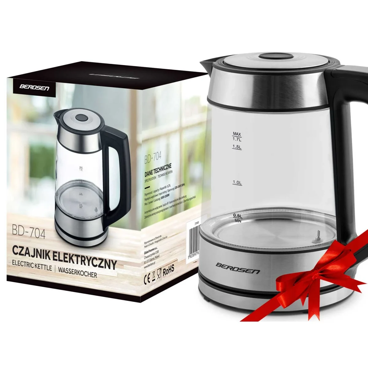 Електрочайник Berdsen BD-704 скляний 1,7 л, чорно-срібний - Зображення 10