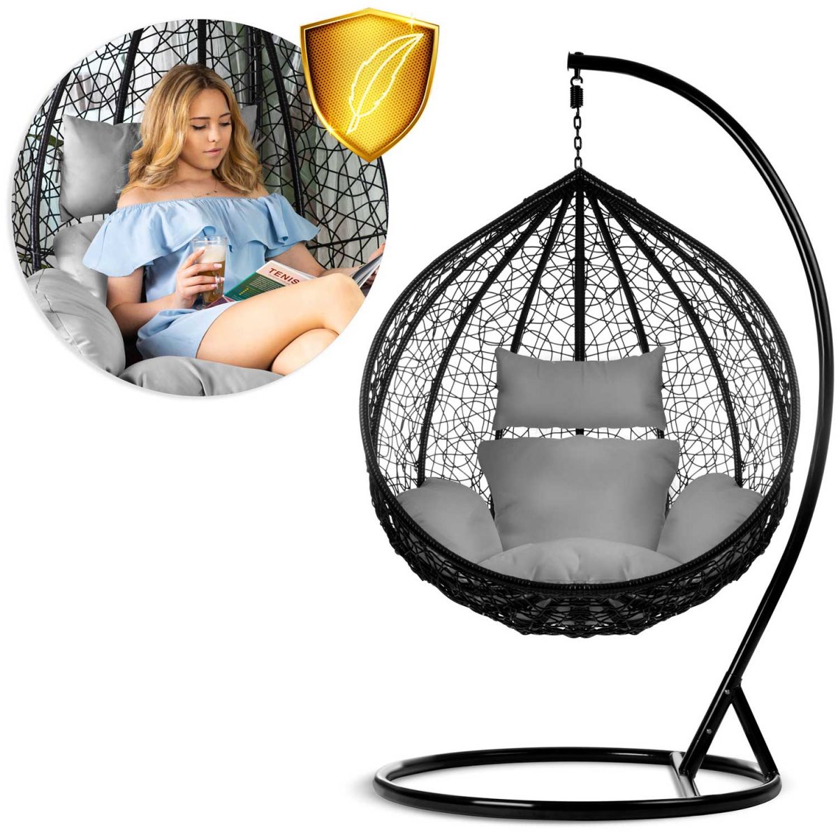 Крісло садове підвісне Hawana чорне + сірі подушки (кокон)- Стиль і зручність - Зображення 13