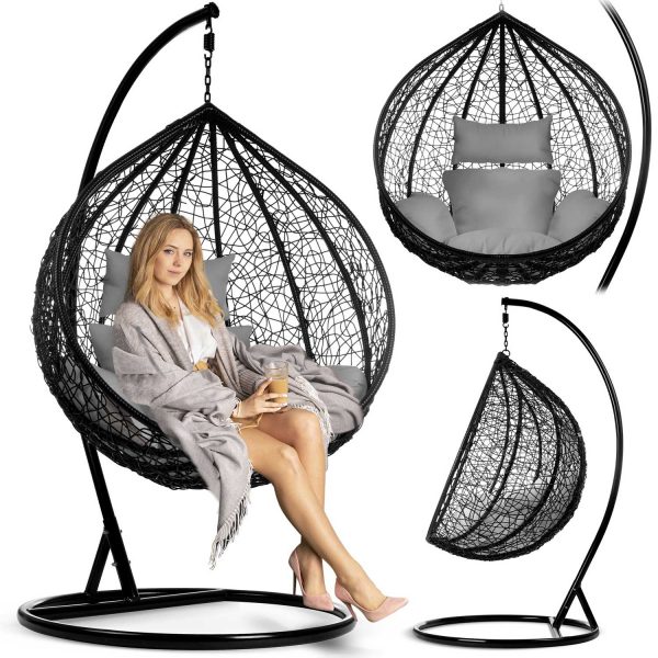 Крісло садове підвісне Hawana чорне + сірі подушки (кокон)- Стиль і зручність