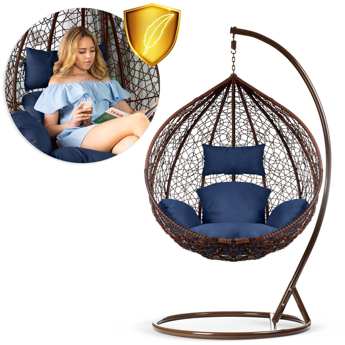 Крісло садове підвісне кокон Hawana коричневе + темно-сині подушки Sofotel - Модний акцент для саду - Зображення 12