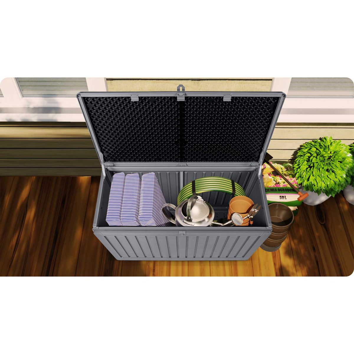 Садова Скриня зберігання 109 x 51 x 55 см 270 л сіра - Ідеальне рішення для вашого саду - Зображення 9