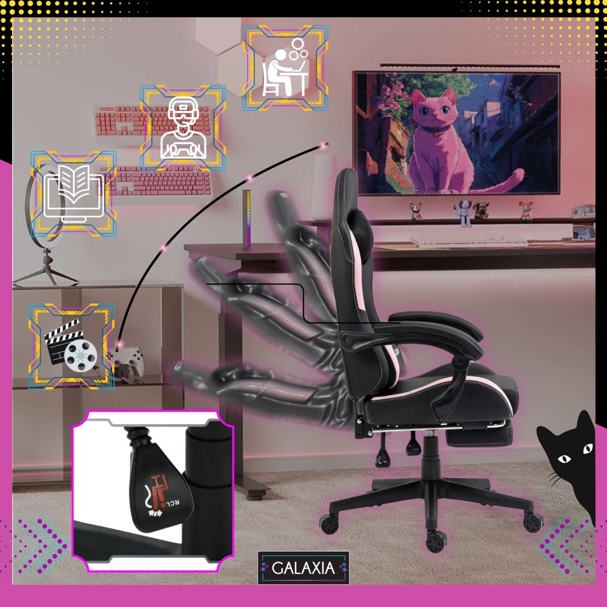 Зручне геймерське крісло з підніжкою GALAXIA чорно-рожеве - Зображення 3