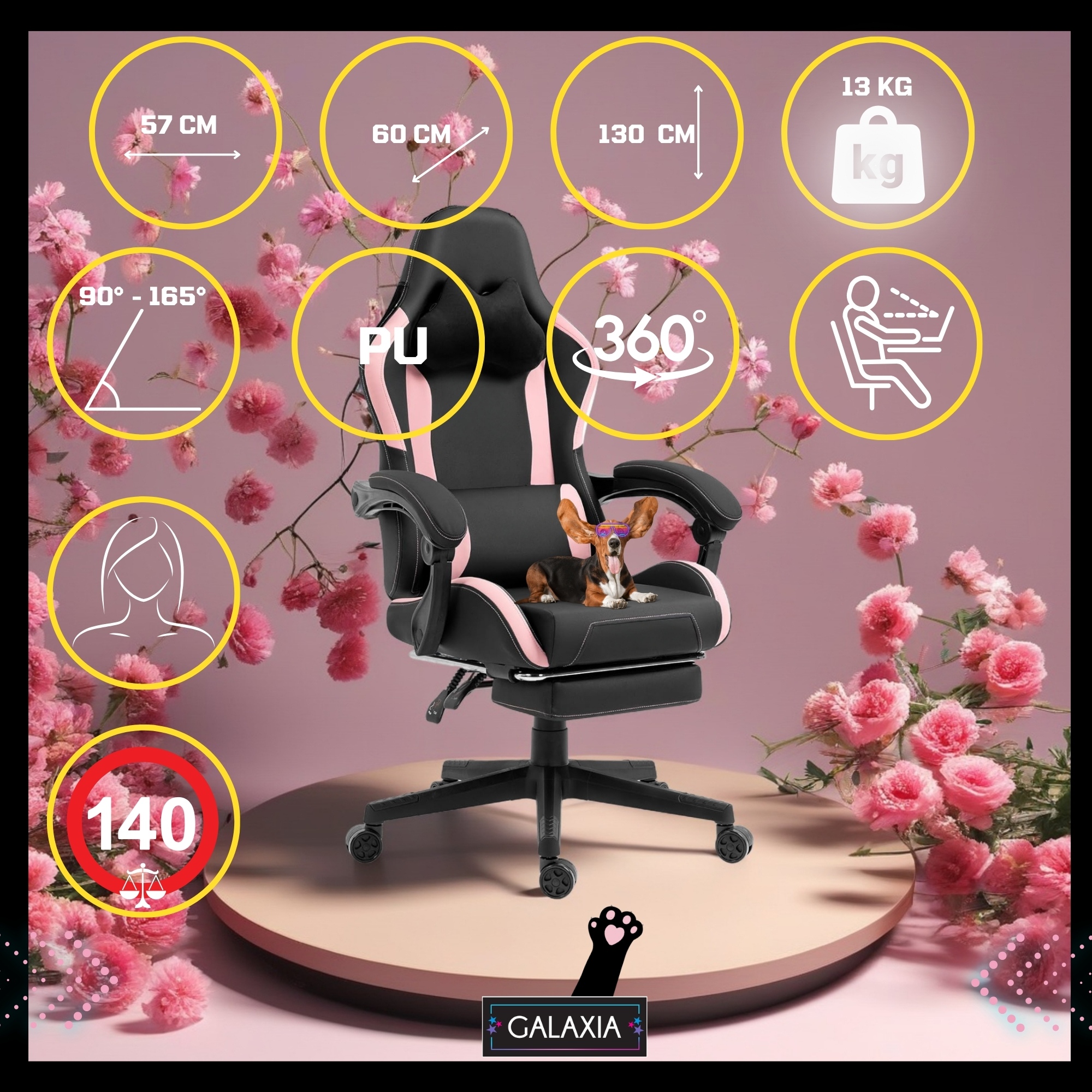 Зручне геймерське крісло з підніжкою GALAXIA чорно-рожеве - Зображення 4