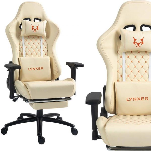 Комфортне геймерське крісло Lynxer Prestige. Бежеве з екошкіри