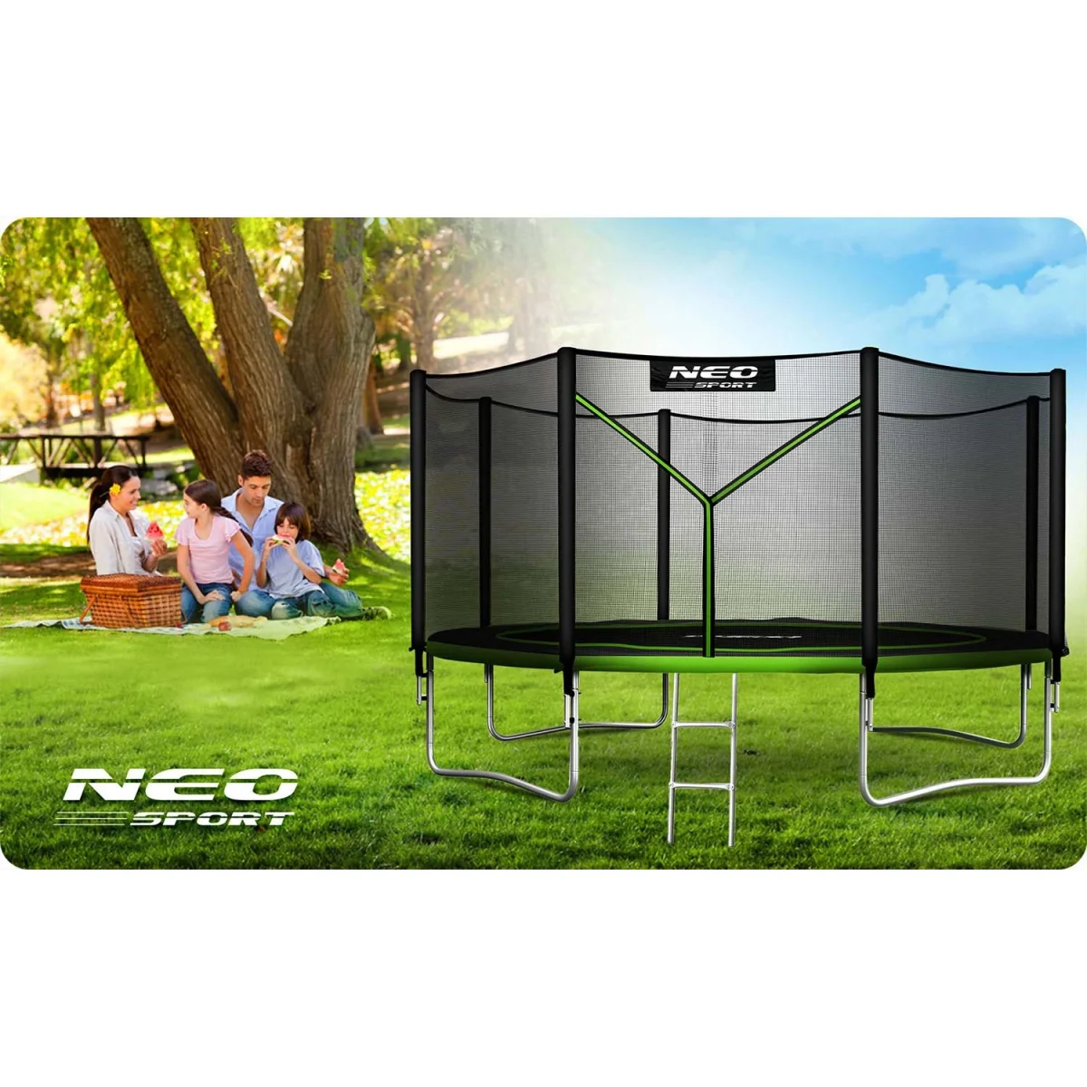 Надійний і зручний садовий батут із зовнішньою сіткою та драбиною Neo-Sport 12 футів/374 см - Зображення 7