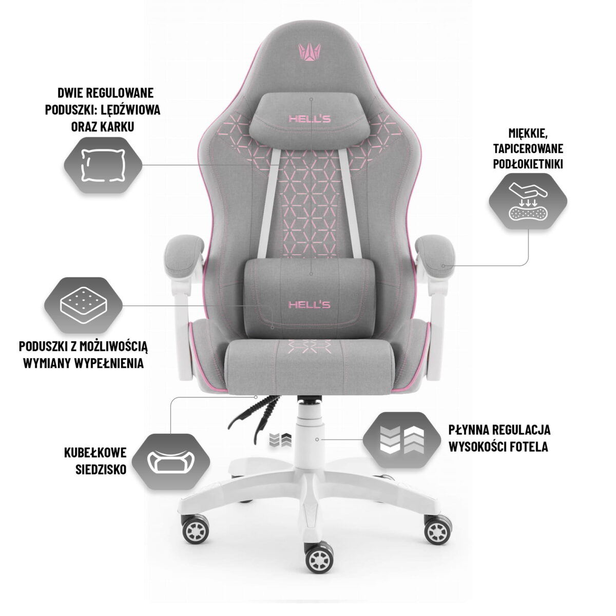 Геймерське крісло Hell's Chair HC-1008 Grey Pink 2.0 тканина/сітка - Зображення 7
