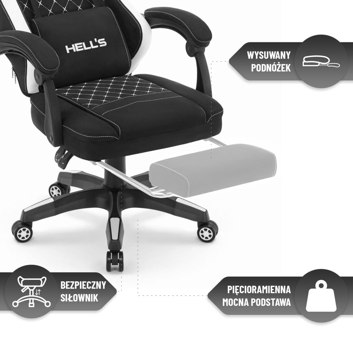 Геймерське крісло Hell's Chair HC-1015 Black White тканина - Зображення 9
