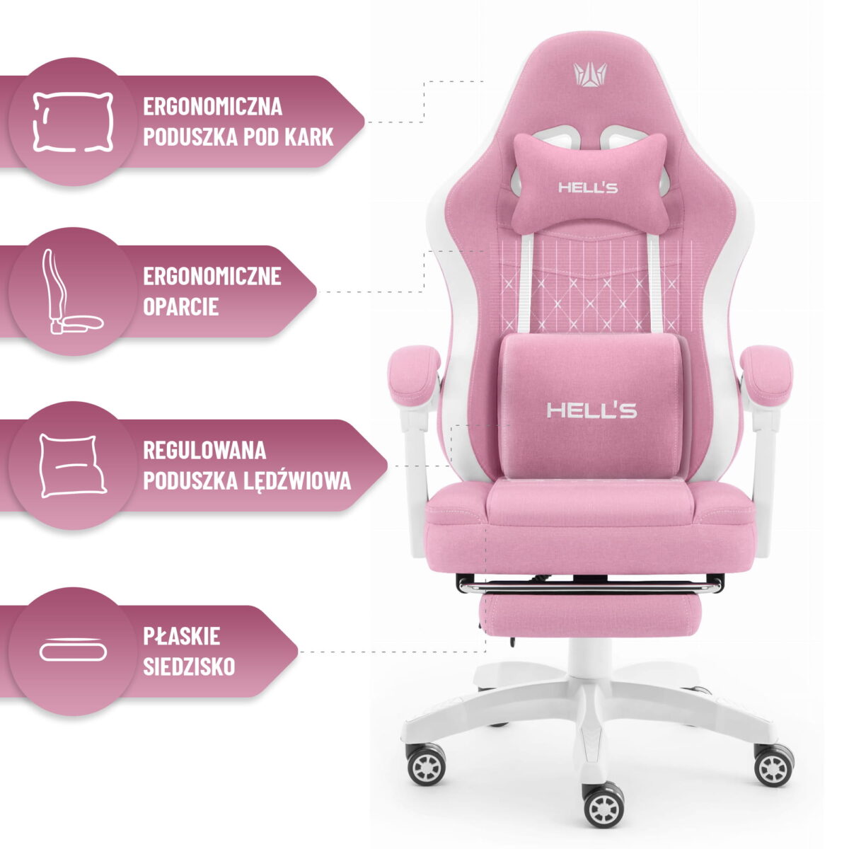 Геймерське крісло Hell's Chair HC-1015 Pink White тканина - Зображення 8
