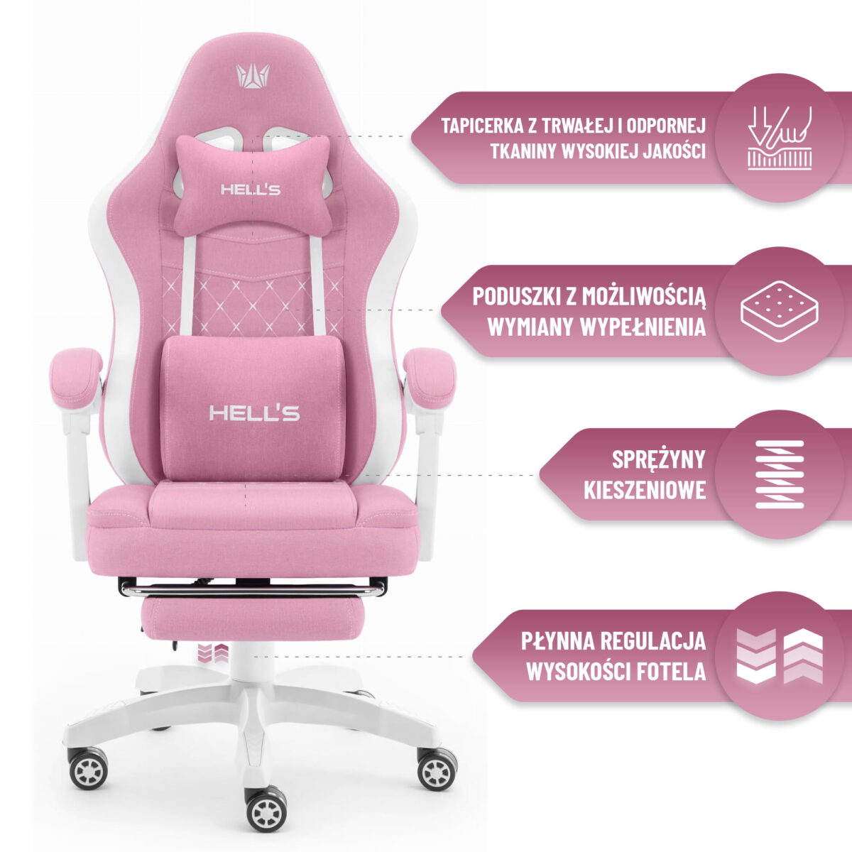 Геймерське крісло Hell's Chair HC-1015 Pink White тканина - Зображення 9