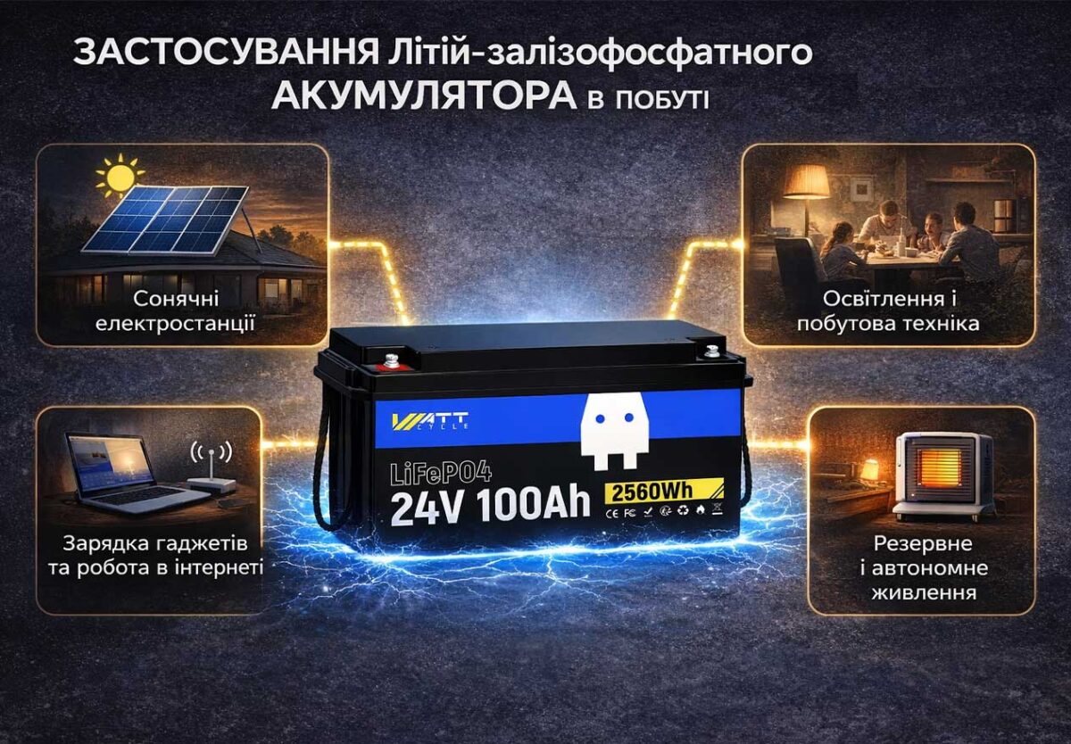LiFePO4 акумулятор WattCycle 24V 100Ah батарея з BMS 100А IP65