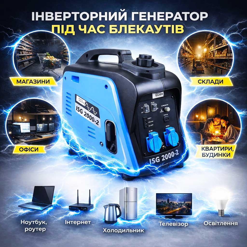 GUNO57jpg Інверторний бензиновий портативний генератор GÜDE ISG 2000-2 40720 2.0 кВт з чистою синусоїдою — компактний і надійний генератор німецького виробництва для стабільного автономного електроживлення.