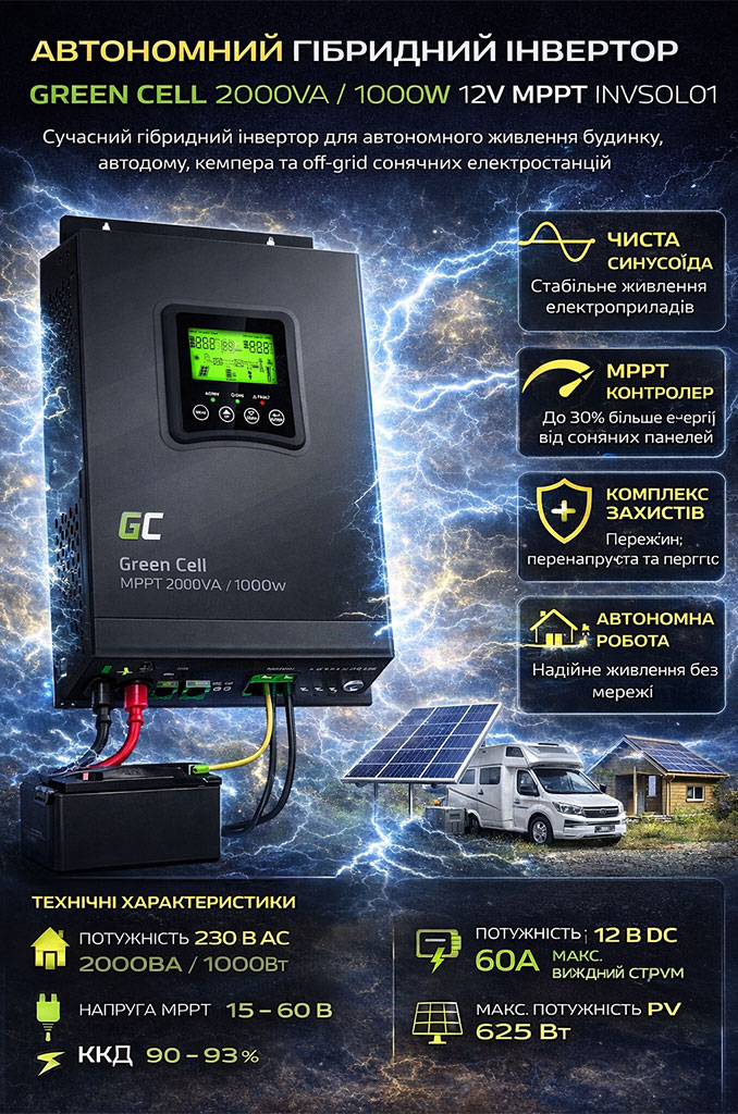Incerto8 Гібридний інвертор GREEN CELL 2000VA 1000W 12V MPPT INVSOL01 Автономний гібридний інвертор GREEN CELL 2000VA 1000W 12V MPPT INVSOL01 — це сучасне рішення для стабільного електроживлення в умовах відсутності централізованої мережі. Цей сонячний інвертор ідеально підходить для кемпінгу, автодомів, дач, приватних будинків та off-grid сонячних електростанцій, забезпечуючи ефективне перетворення енергії з сонячних панелей. Що таке гібридний сонячний інвертор Green Cell MPPT Гібридний сонячний інвертор GREEN CELL 2000VA 1000W 12V MPPT INVSOL01 поєднує в одному корпусі інвертор 230В, MPPT контролер заряду та зарядний пристрій для акумуляторів. Така багатофункціональна конструкція забезпечує максимальну ефективність роботи сонячної електростанції та стабільне живлення підключених пристроїв, роблячи його ідеальним для автономних систем. Основні функції гібридного інвертора GREEN CELL Перетворення 12V DC у 230V AC з чистою синусоїдою для безпечного використання з чутливою електронікою. Інтелектуальний MPPT контролер для ефективного заряду від сонячних панелей. Зарядка акумуляторів від сонячної енергії з максимальним ККД. Автономна робота без підключення до мережі, з автоматичним виявленням частоти 50/60 Гц. MPPT контролер заряду — максимум енергії від сонця Вбудований MPPT контролер (Maximum Power Point Tracking) у гібридному інверторі GREEN CELL 2000VA 1000W 12V автоматично оптимізує роботу сонячних панелей, підвищуючи ефективність генерації енергії до 30% порівняно з PWM контролерами. Діапазон напруги MPPT від 15 до 60 В дозволяє гнучко конфігурувати сонячні панелі, а максимальний струм заряду 60 А забезпечує швидку зарядку акумуляторів. Максимальна потужність PV становить 625 Вт. Переваги гібридного інвертора GREEN CELL 2000VA 1000W 12V MPPT Чиста синусоїда для безпечного живлення чутливих пристроїв. Безперервна потужність 1000 Вт та пікова 2000 Вт для надійної роботи. Високий ККД інвертора до 93%, що економить енергію. Ідеальний для кемперів, автодомів, дач та автономних будинків. Компактні розміри 320 × 224 × 97 мм та міцний корпус вагою 7,4 кг. Гарантія виробника 1 рік для впевненості в якості. Інтуїтивне керування та моніторинг сонячного інвертора Гібридний інвертор GREEN CELL оснащений багатофункціональним LCD-дисплеєм, який відображає в реальному часі напругу, потужність, стан акумулятора та роботу MPPT контролера. Меню налаштувань дозволяє адаптувати пристрій під конкретну сонячну систему. Доступне програмне забезпечення для розширеного моніторингу та контролю параметрів через ПК або мобільні пристрої. Покращена безпека та захист в автономному інверторі Захист від перенапруги та короткого замикання. Захист акумулятора від перезаряду та глибокого розряду. Захист від зворотної полярності для безпечного підключення. Контроль робочої температури для запобігання перегріву. Моніторинг напруги сонячних панелей для оптимальної роботи. Технічні характеристики гібридного інвертора GREEN CELL 2000VA 1000W 12V MPPT Параметр Значення Бренд Green Cell Модель INVSOL01 Тип Фотоелектричний гібридний інвертор Потужність (безперервна) 1000 Вт Пікова потужність 2000 Вт Напруга акумулятора 12 В Вихідна напруга 230 В AC Форма хвилі Чиста синусоїда MPPT діапазон 15 – 60 В DC Максимальна потужність PV 625 Вт Максимальний струм заряду 60 А ККД 90 – 93% Розміри 320 × 224 × 97 мм Вага 7,4 кг Вихідна частота 50/60 Гц (автоматичне виявлення) EAN (GTIN) 5907813966484 Гарантія 1 рік Комплектація автономного сонячного інвертора Гібридний сонячний інвертор Green Cell 12V / 230V 1000W MPPT. Інструкція користувача з детальними вказівками по встановленню та експлуатації. Ідеальне рішення для автономного живлення з гібридним інвертором GREEN CELL Гібридний інвертор GREEN CELL 2000VA 1000W 12V MPPT INVSOL01 — це надійне, економічне та екологічне рішення для автономного електроживлення. Він забезпечує незалежність від мережі, ефективне використання сонячної енергії та захист обладнання, роблячи його оптимальним вибором для кемпінгу, автодомів або приватних будинків з off-grid системами.