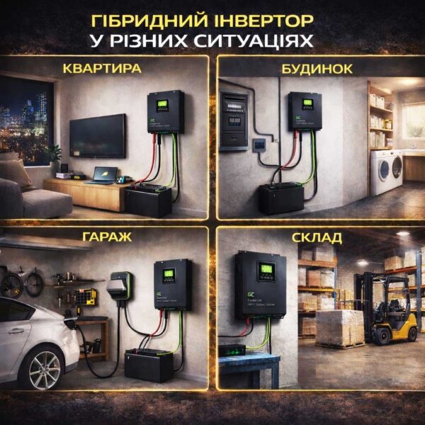Гібридний інвертор GREEN CELL 2000VA 1000W 12V MPPT INVSOL01 у різних ситуаціях