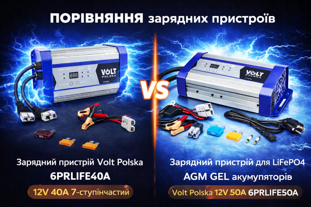 Зарядні пристрої Volt Polska для LiFePO4, AGM та GEL акумуляторів: порівняння 12V 40A та 12V 50A