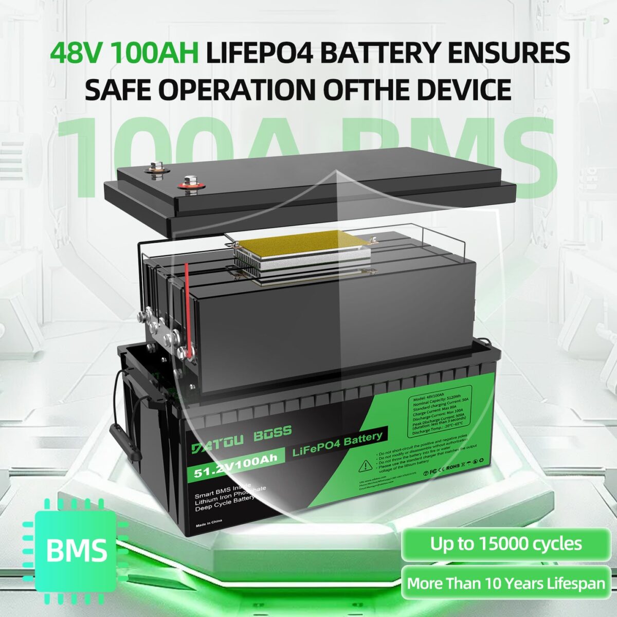 Акумулятор DATOU BOSS 48V 100Ah з BMS, LiFePO4 для сонячних систем, ДБЖ, RV (SP-DT-48V100A-A01-EU) - Зображення 2
