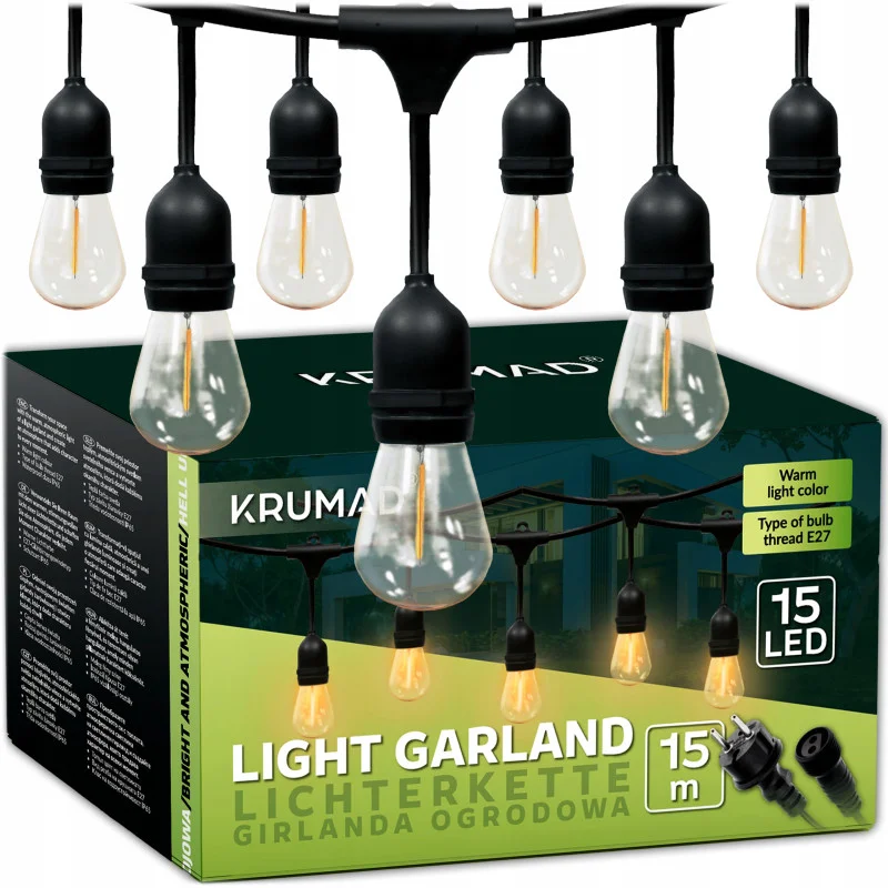 girlanda-ogrodowa-led-swietlna-lampki-ogrodowe-lancuch-15m-x-e27-zarowka-1w Світлодіодна вулична гірлянда KRUMAD 15м E27 1W KMDW7 - Зображення 1