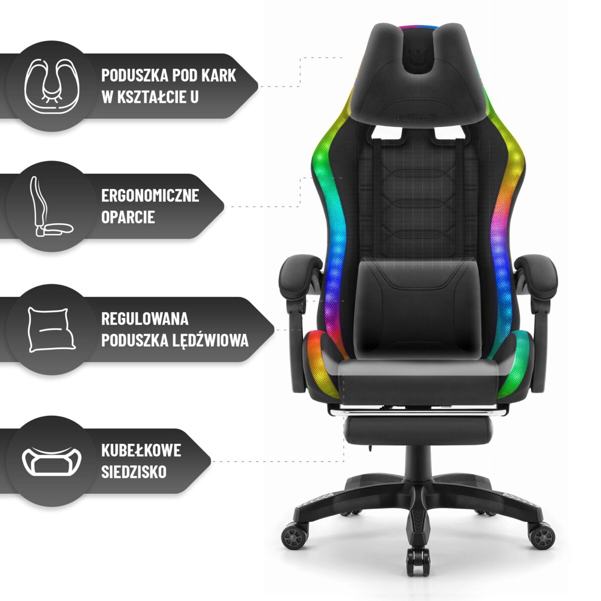 Геймерське крісло Hell's Chair HC-1039 2.0 LED RGB Black тканина - Зображення 7