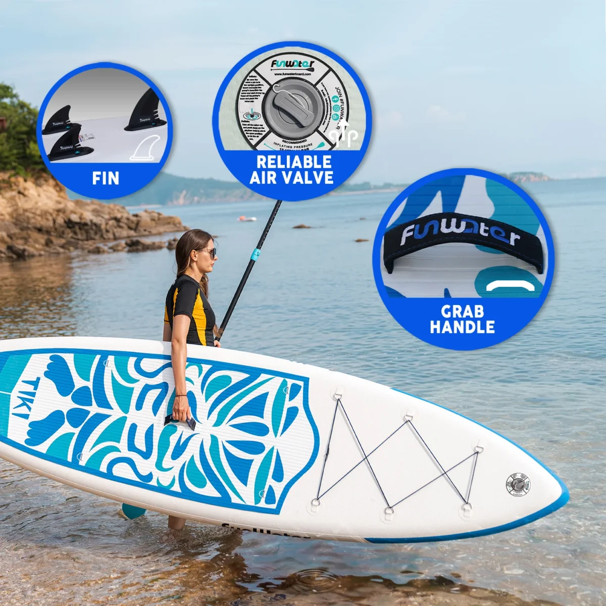 SUP-дошка надувна FunWater SUPFW05B Tiki 3,2 м (синьо-білий) - Зображення 7