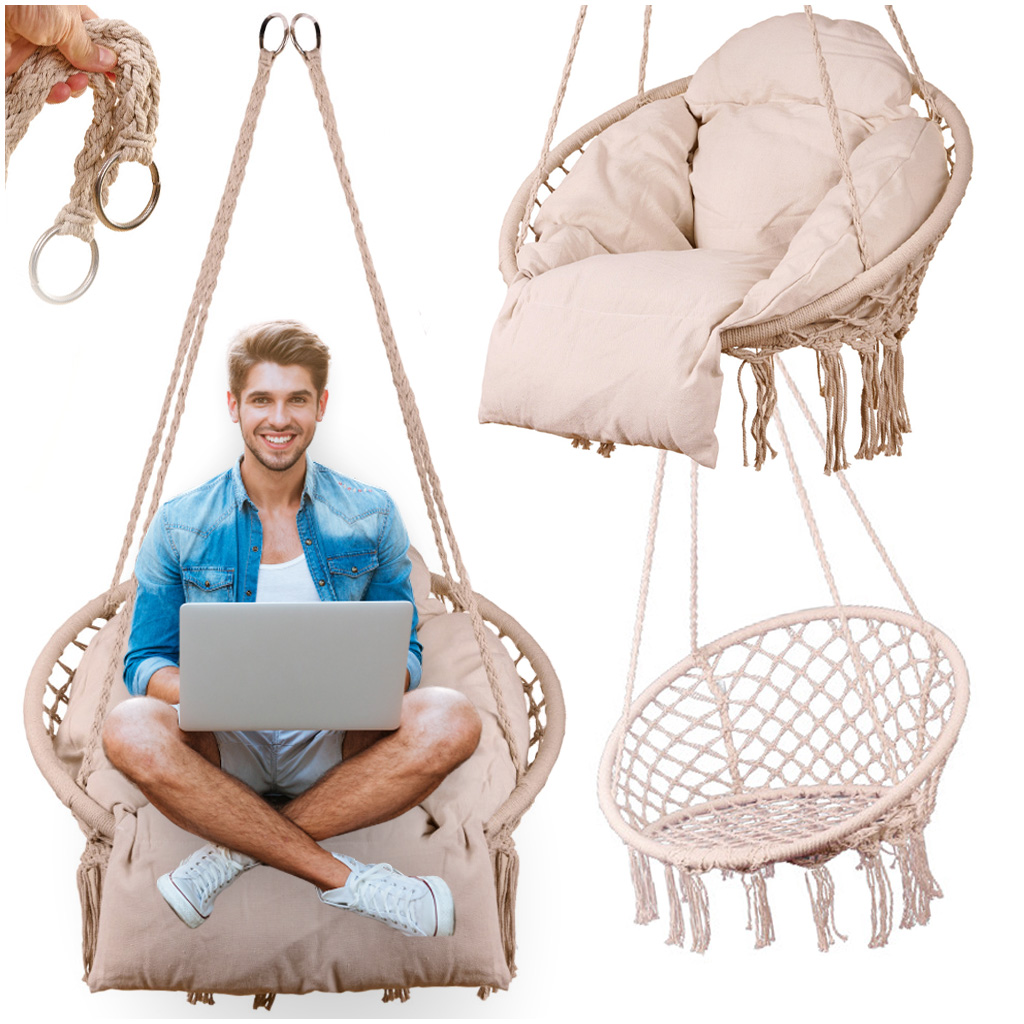 Hanging-chair-swing-seat-with-cushion-XXL-ecru-150kg-166672 Підвісне крісло LUARO KX3951«лелече гніздо» з подушкою бежеве - Зображення 1