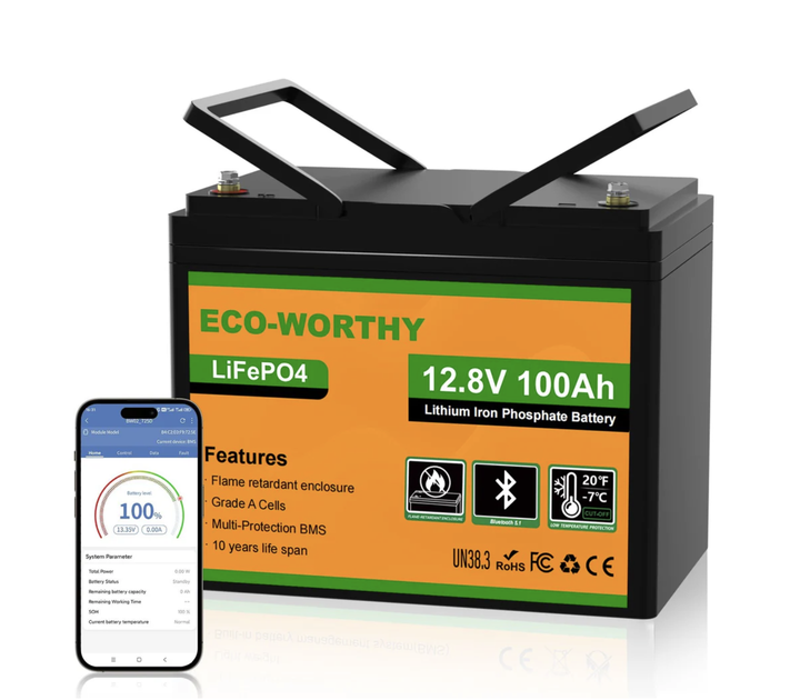 664130583 Літій-залізо-фосфатний ECO-WORTHY 12.8V 100Ah LiFePO4 - Зображення 1