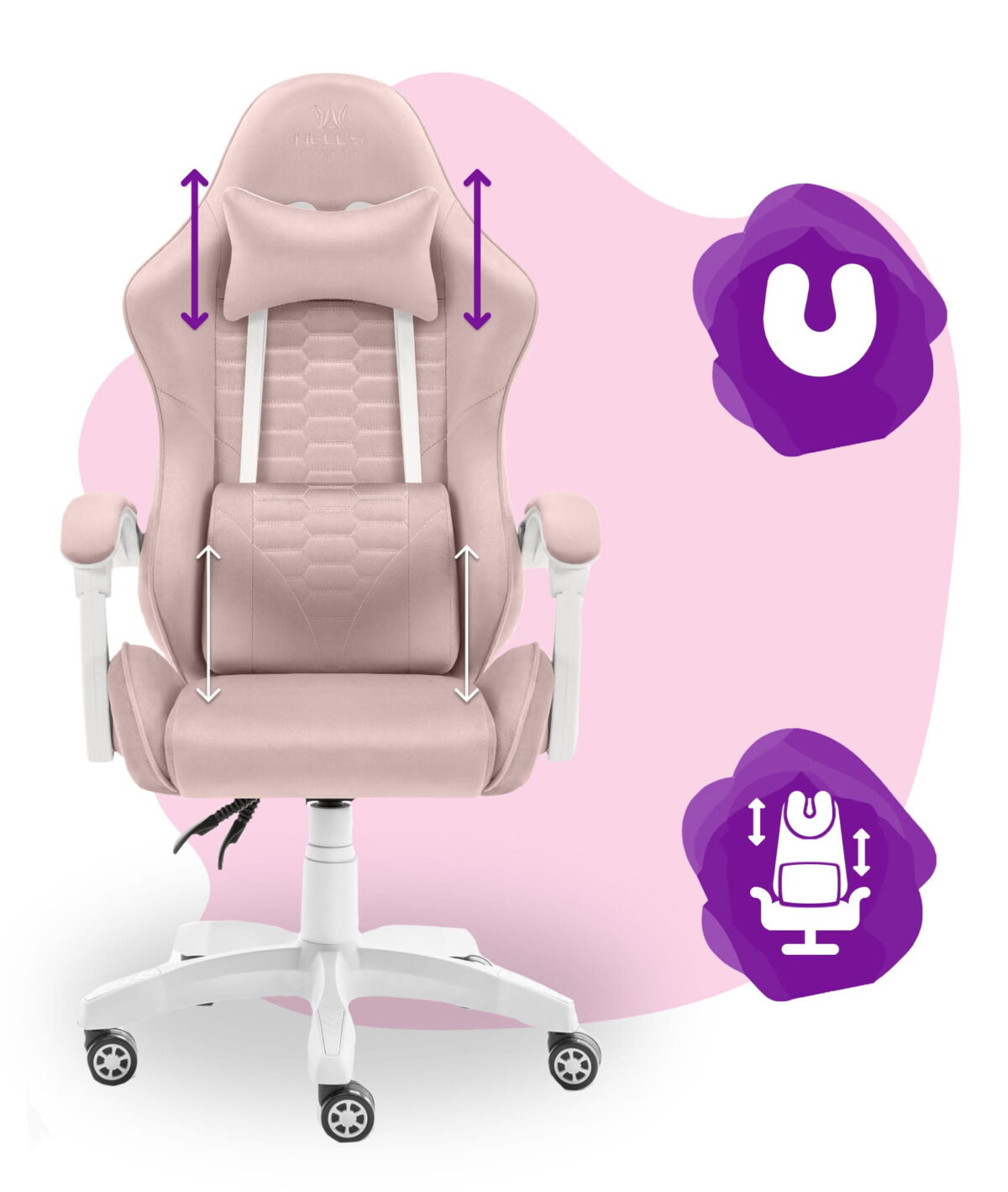 Геймерське крісло Hell's Chair HC-1000 Kids Pink White велюр - Зображення 6
