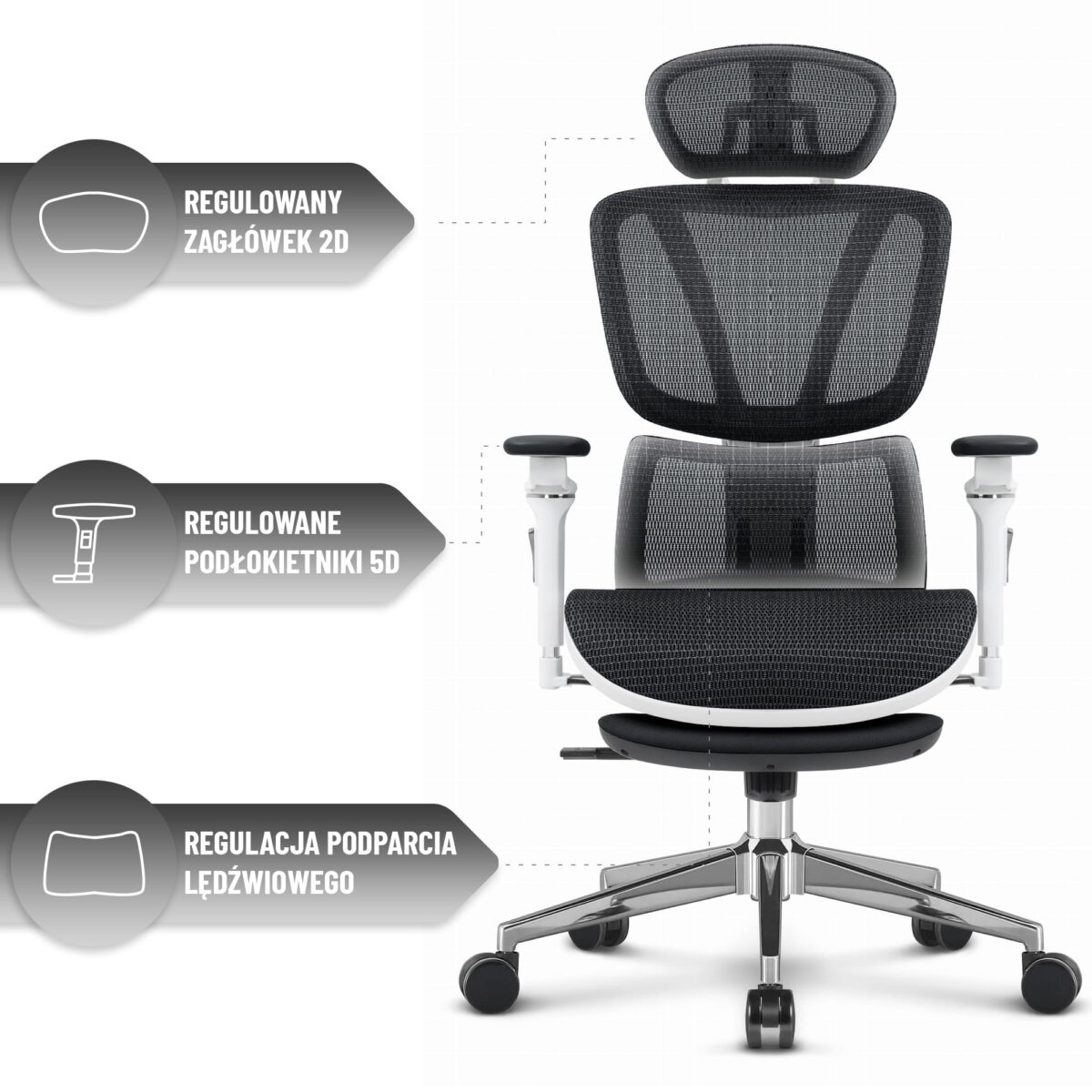 Ергономічне офісне крісло Hell's Chair HC-1044 Black White, сітка MESH Premium - Зображення 7