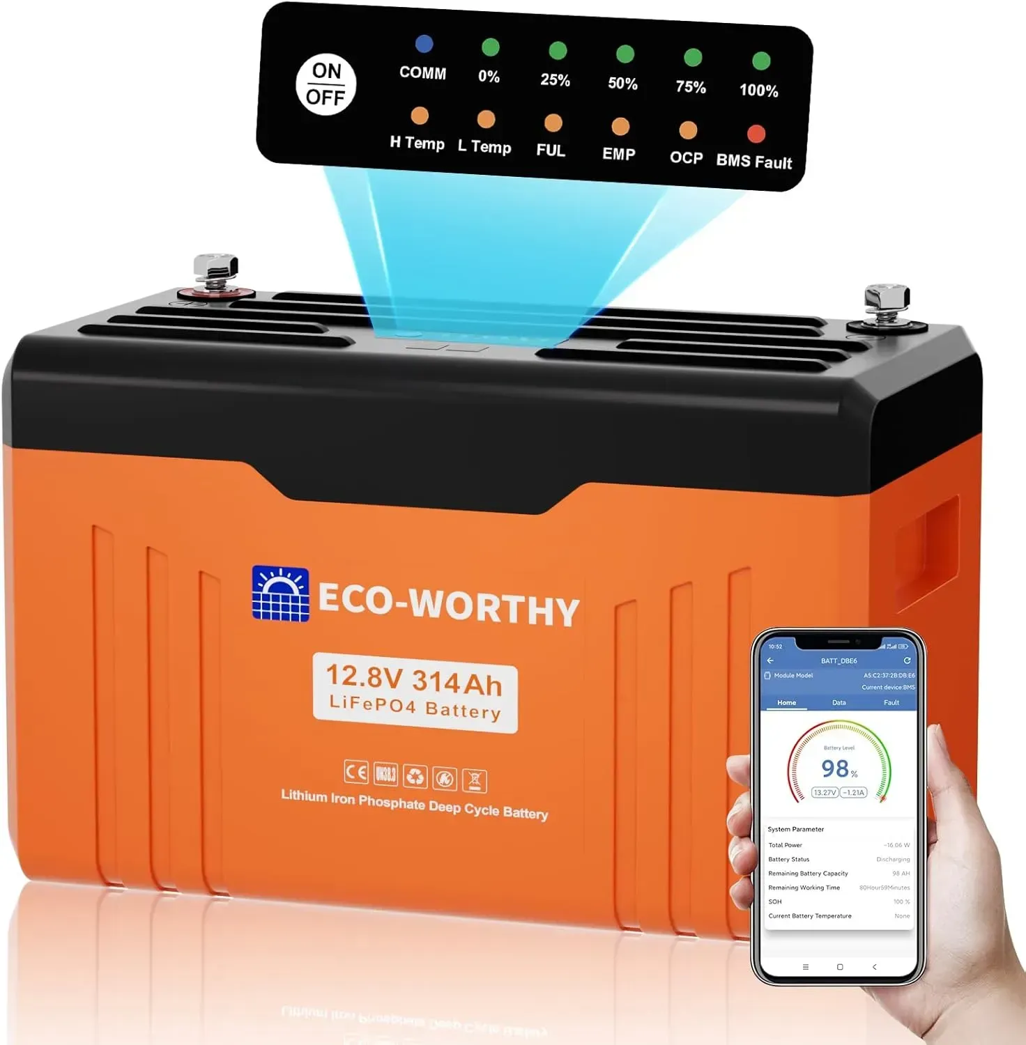 batareia-eco-worthy-12v-314ah-lifepo4-bluetooth-eco-lfp12314-97950148610569 Літій-залізо-фосфатний акумулятор ECO-WORTHY ECO-LFP12314 - Зображення 1